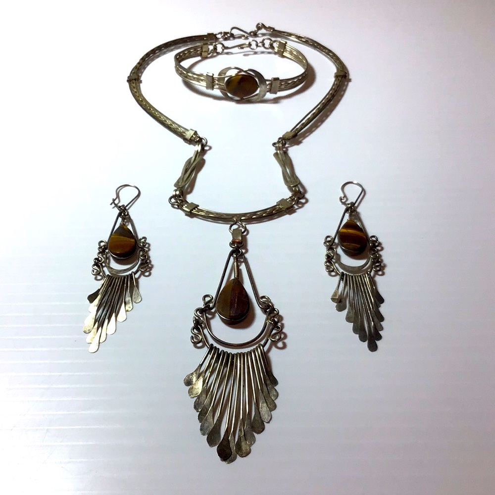 Artisan jewelry set Tiger Eye silver wire bracelet necklace & earrings So boho